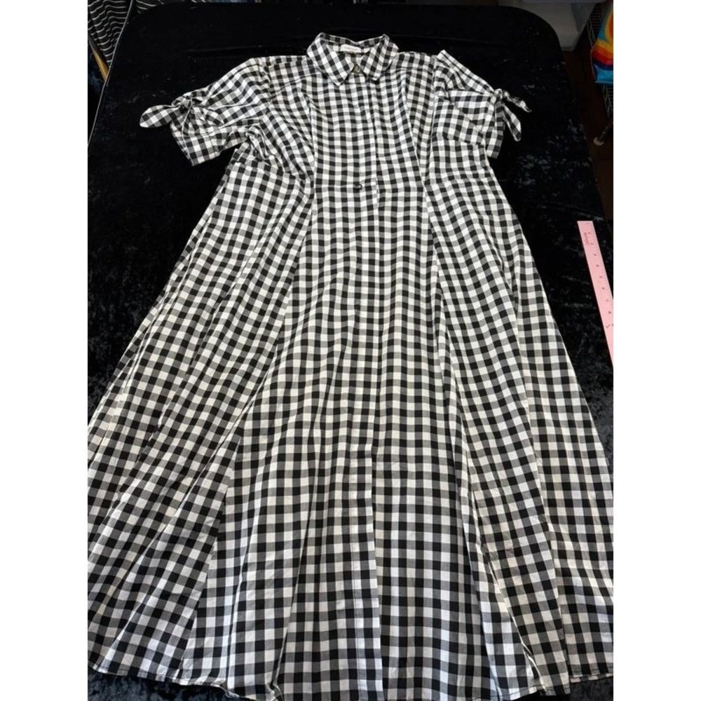Calvin Klein Women 14W Black White Gingham Maxi Shirt Dress Tie Sleeve - Picture 2 of 11